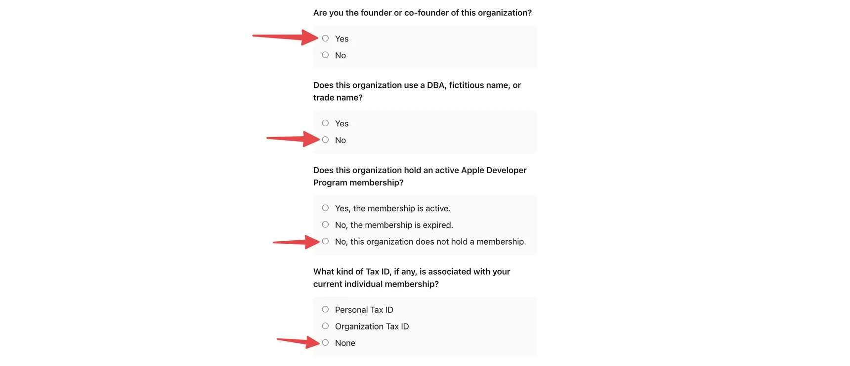 Вопросы о структуре организации в форме Apple Developer — SmartShop