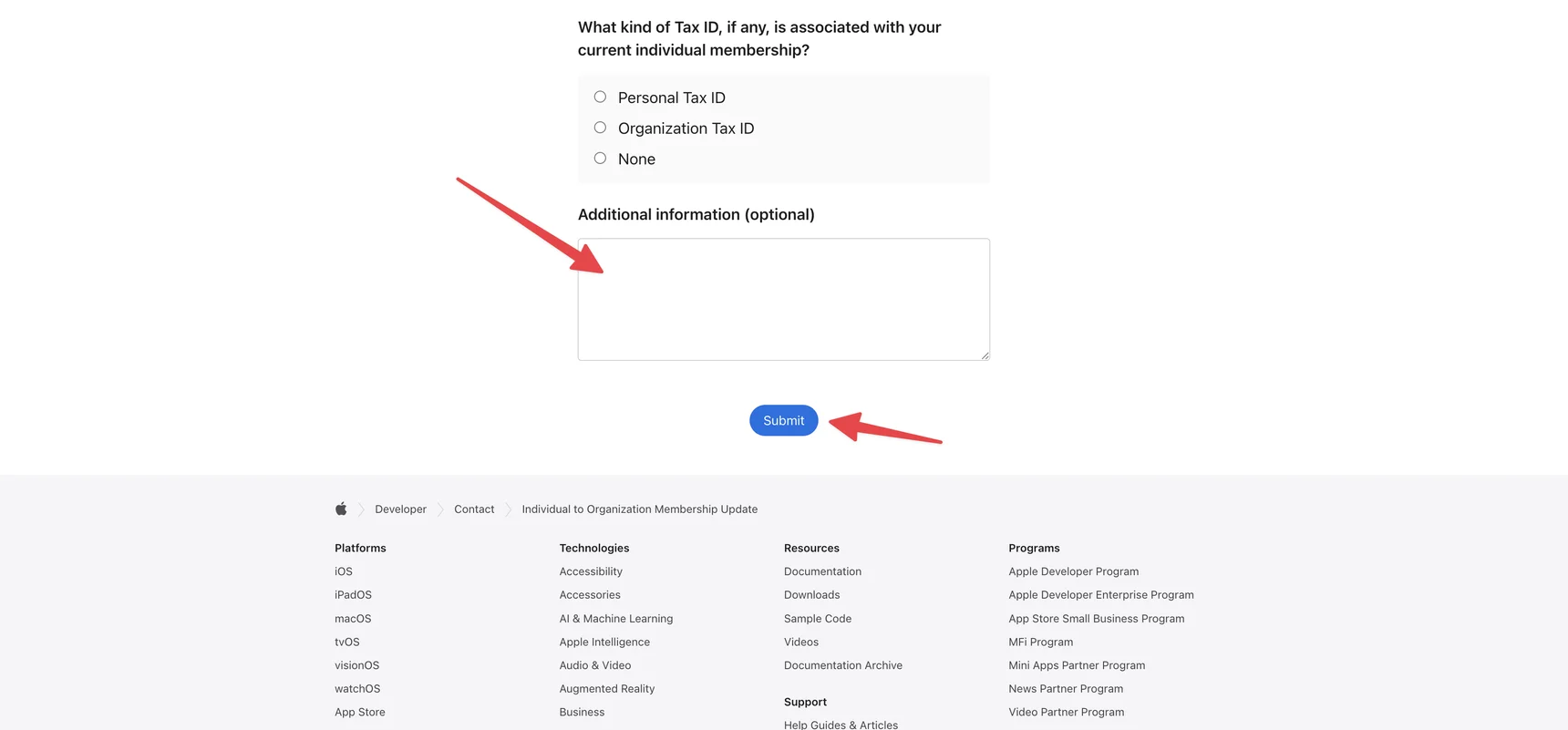 Поле Additional information и кнопка Submit в форме Apple Developer — SmartShop
