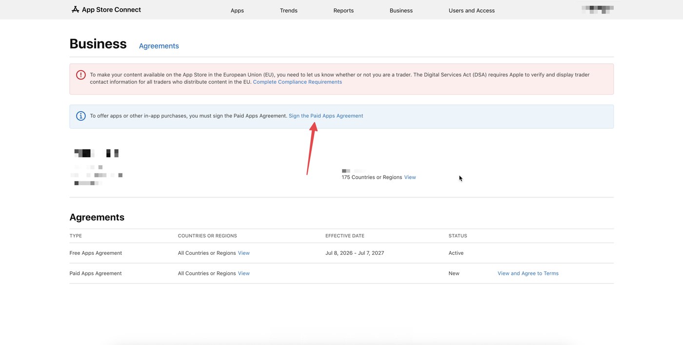 App Store Connect — сторінка Agreements, перехід до Paid Apps Agreement
