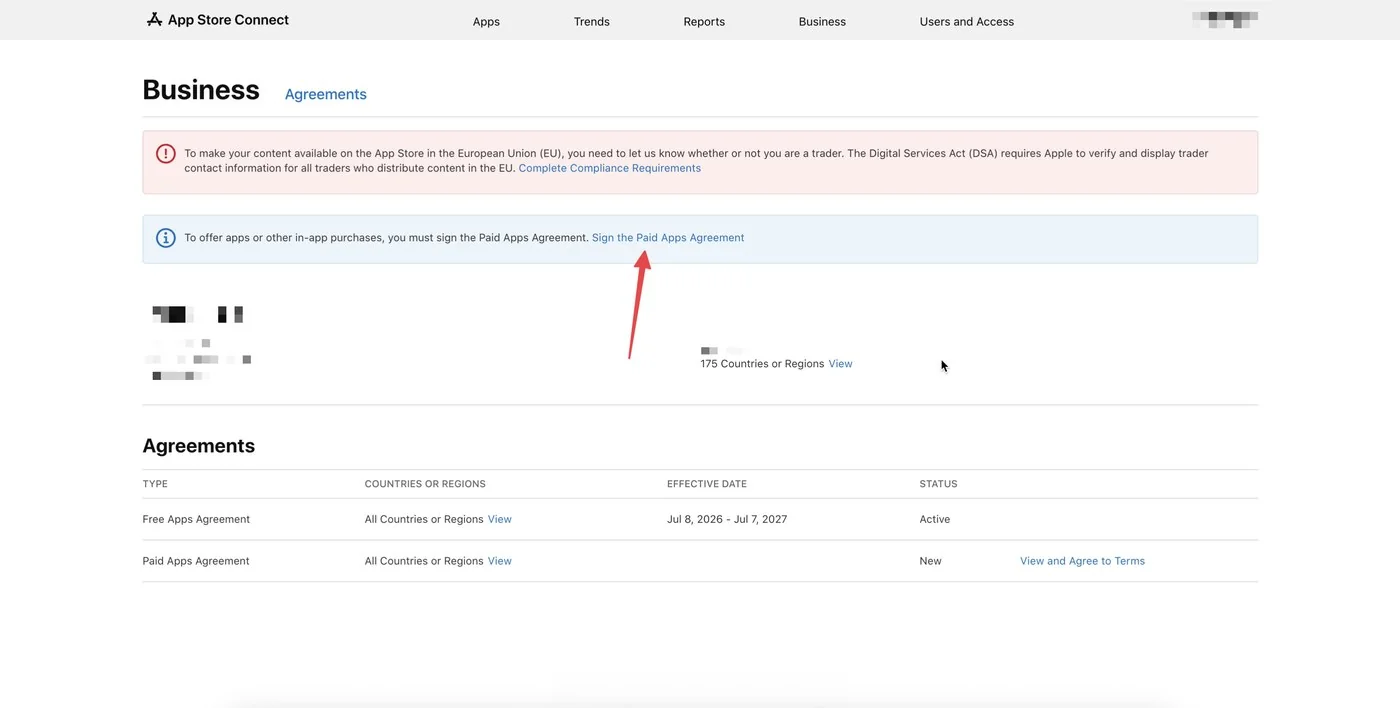 App Store Connect — страница Agreements, переход к Paid Apps Agreement