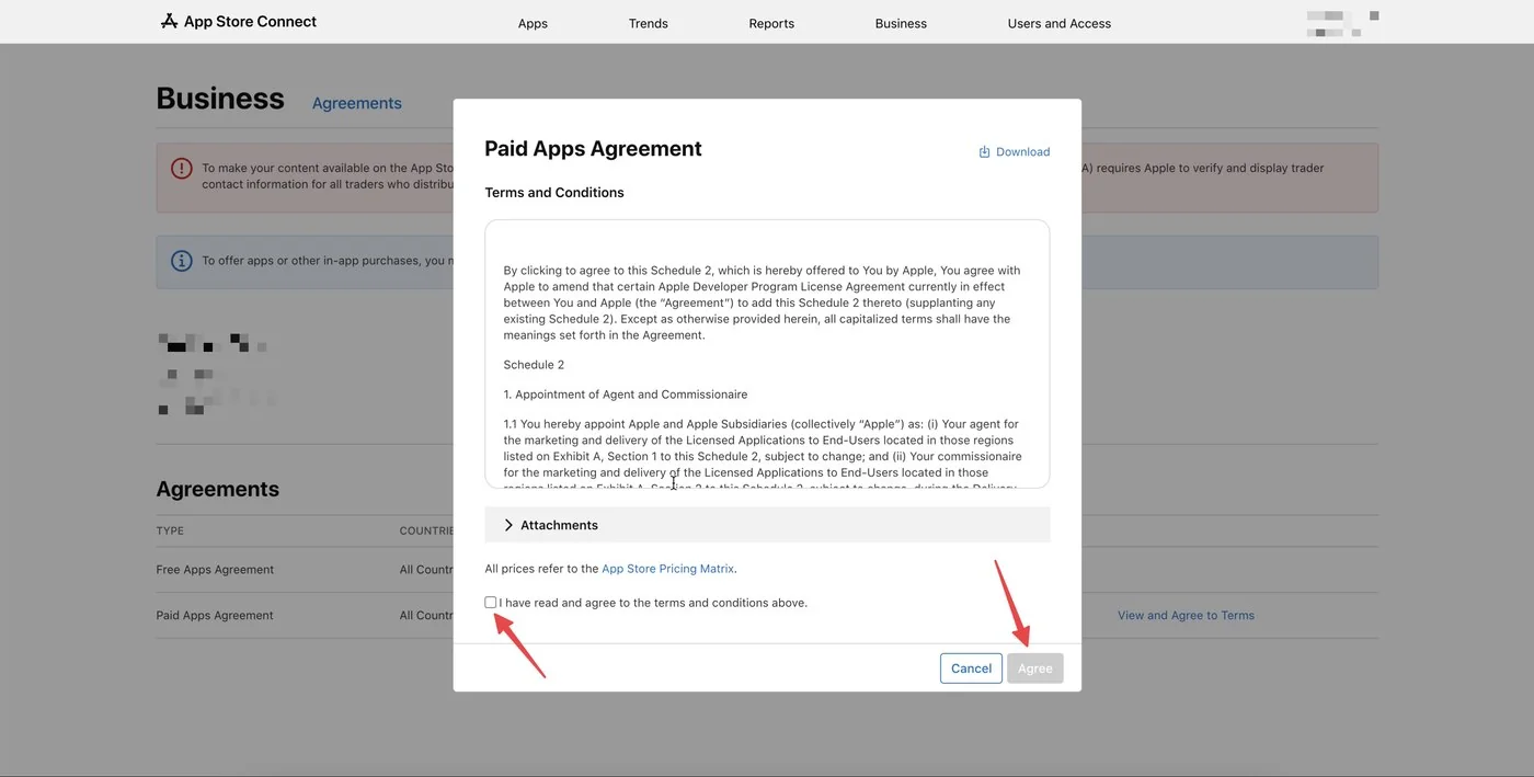 App Store Connect — подтверждение Paid Apps Agreement