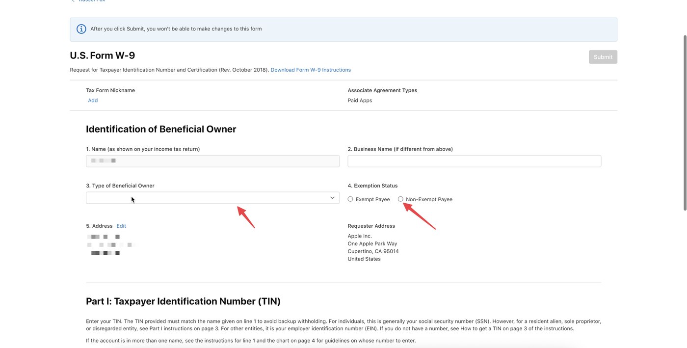 U.S. Form W-9 — вибір Type of Beneficial Owner та Exemption Status