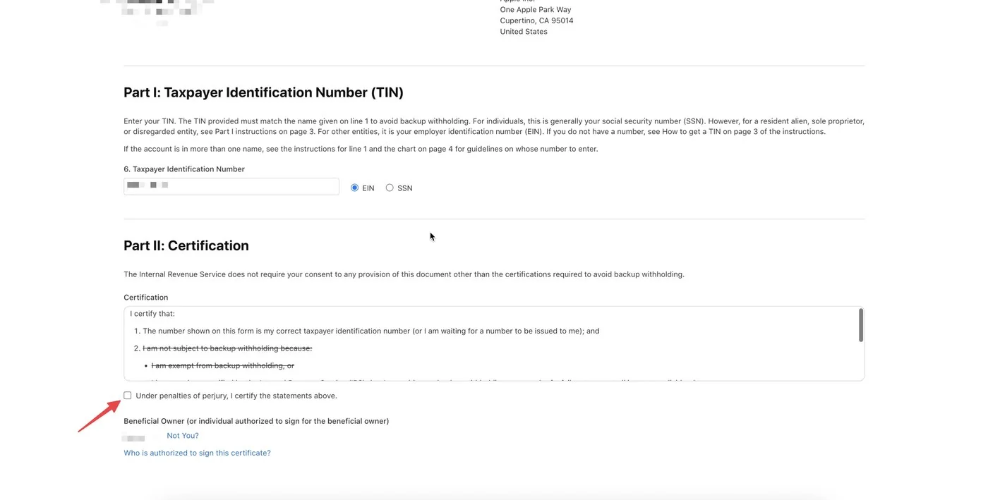 U.S. Form W-9 — подтверждение Certification