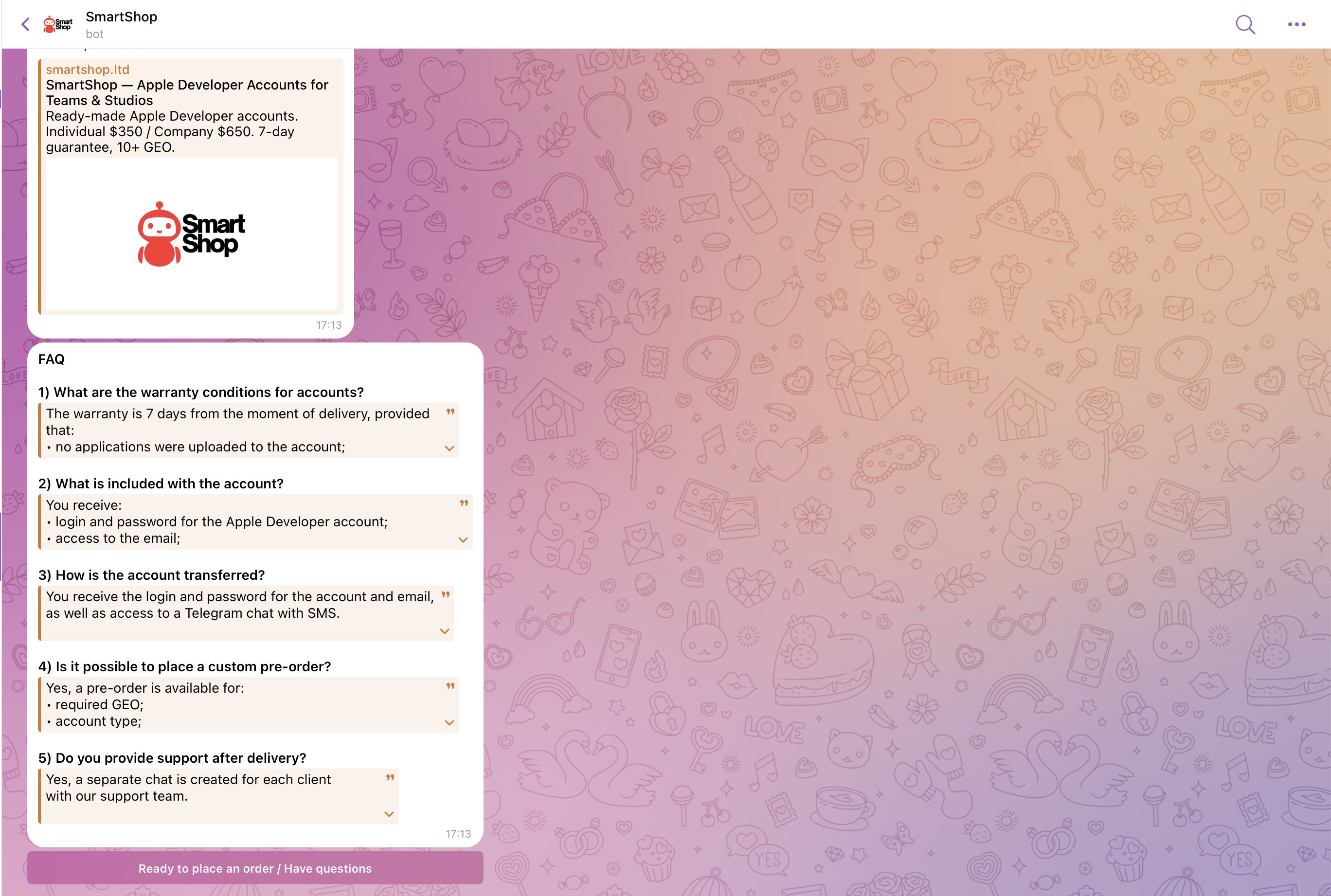 SmartShop Telegram bot — FAQ section