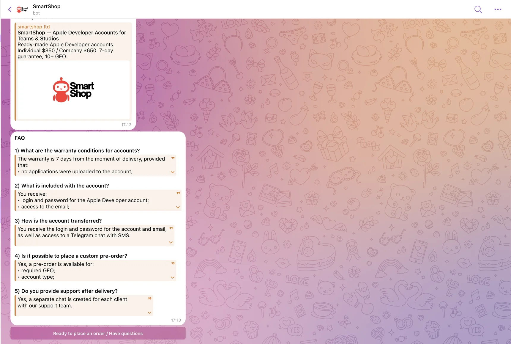 SmartShop Telegram bot — FAQ section