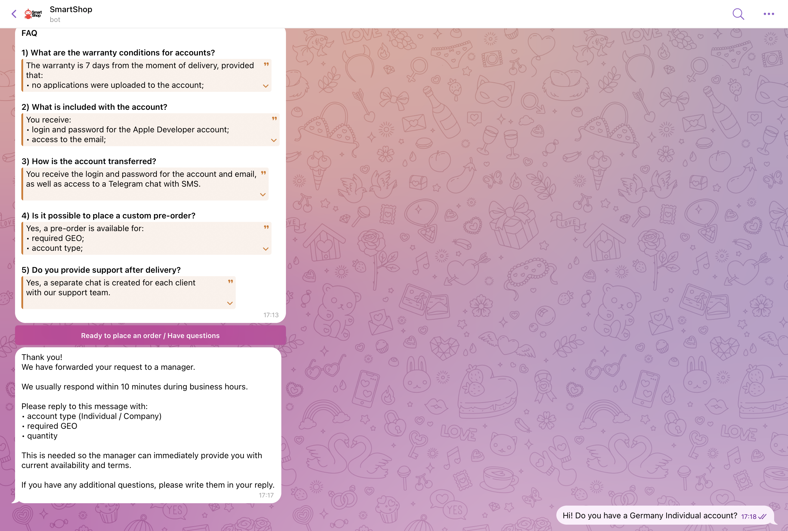 SmartShop Telegram bot — placing an order