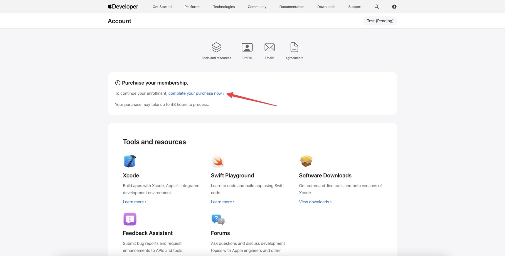 Apple Developer Account — Complete your purchase now link