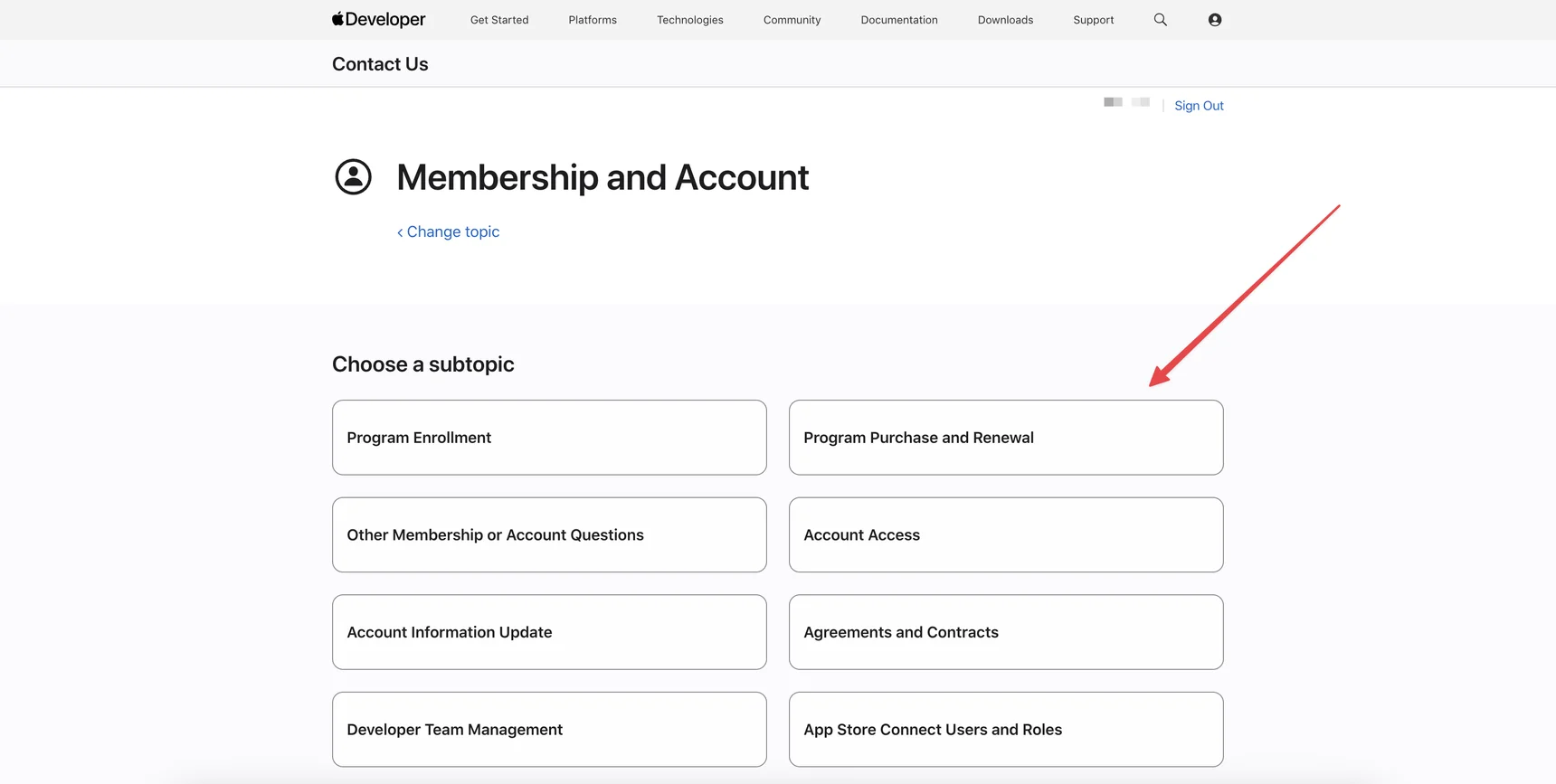 Apple Developer Contact Us — Membership and Account subtopics