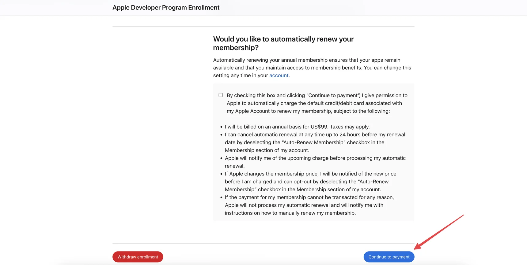 Apple Developer Program Enrollment — Continue to payment button