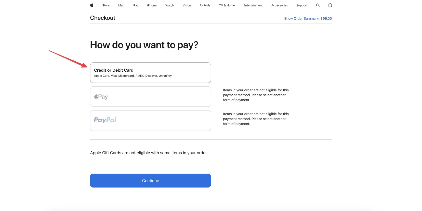 Apple Store Checkout — Credit or Debit Card payment method selected
