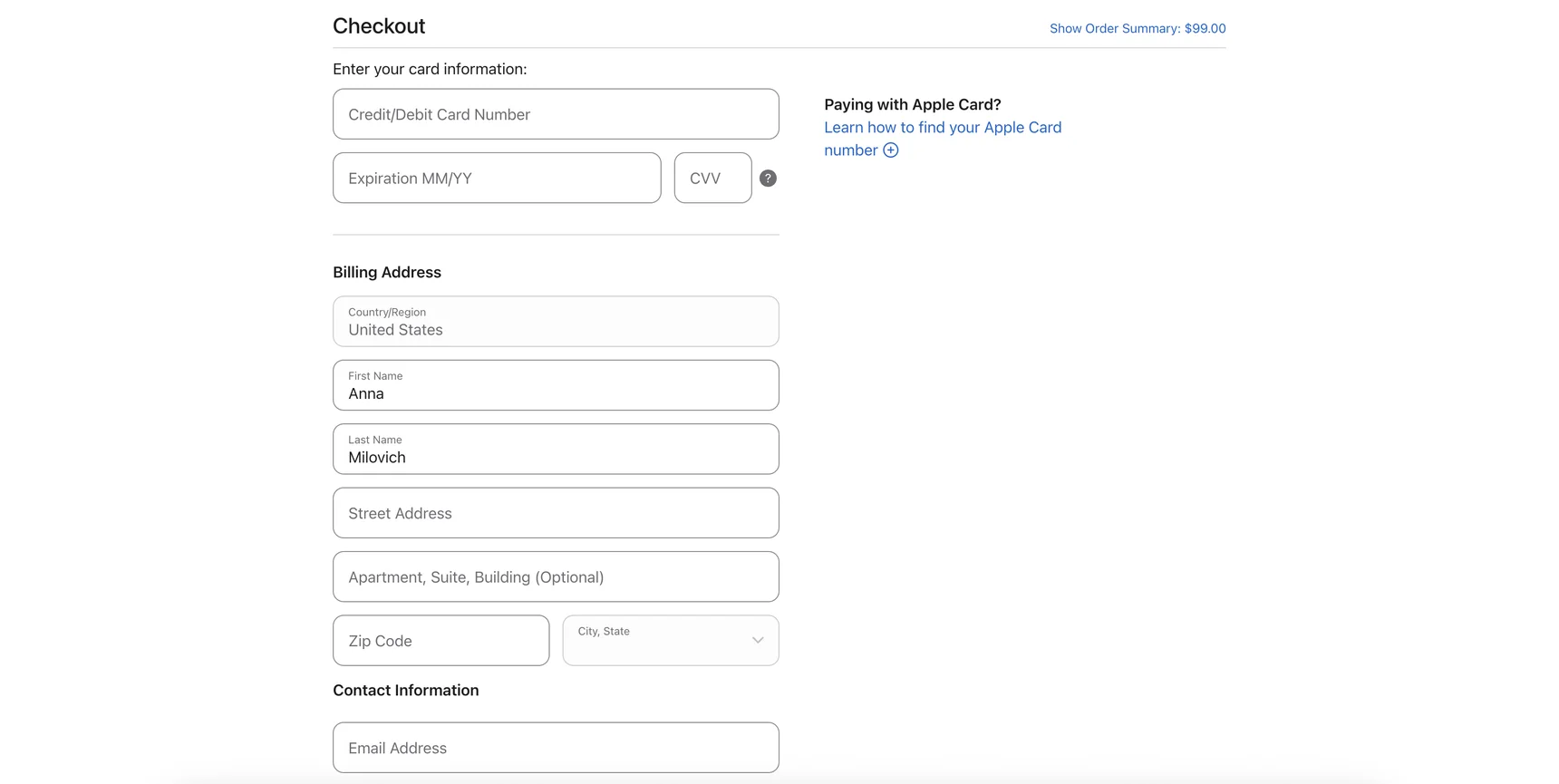 Apple Store Checkout — enter card information and billing address
