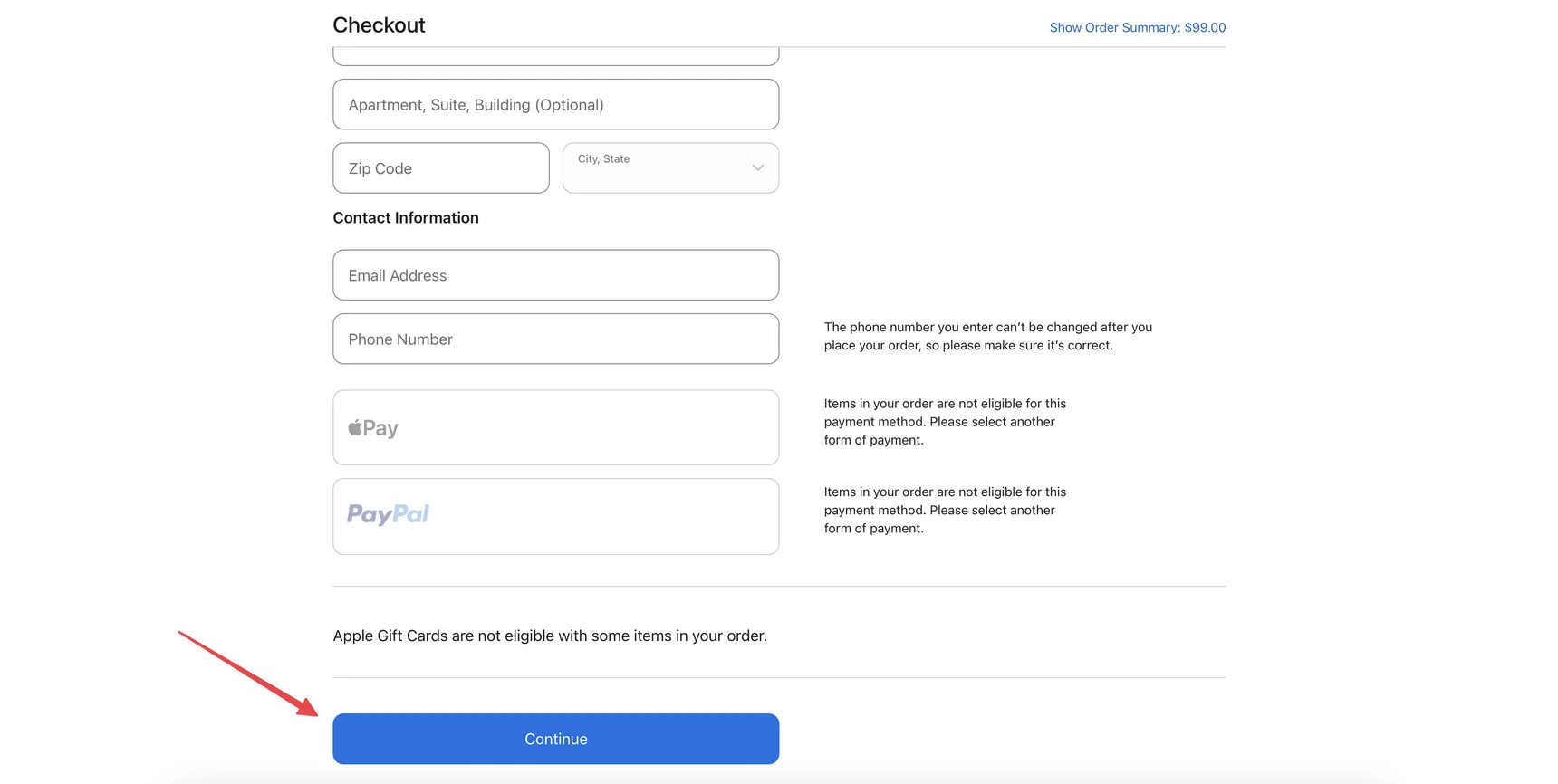 Apple Store Checkout — Continue button after entering card details
