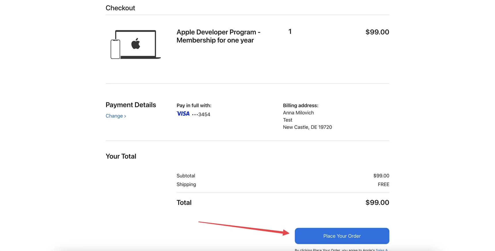 Apple Store Checkout — Place Your Order button