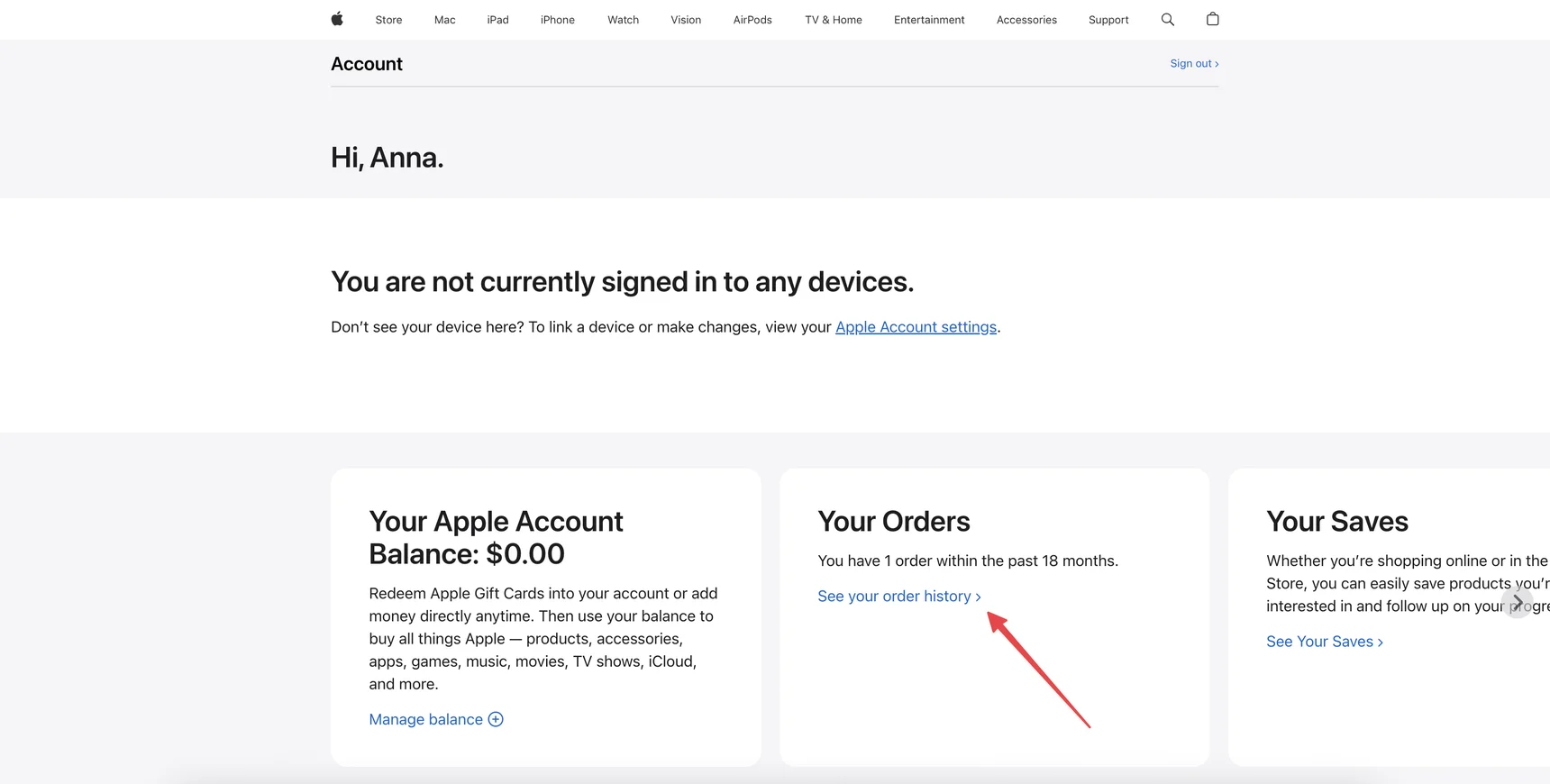 Apple Store Account — See your order history link