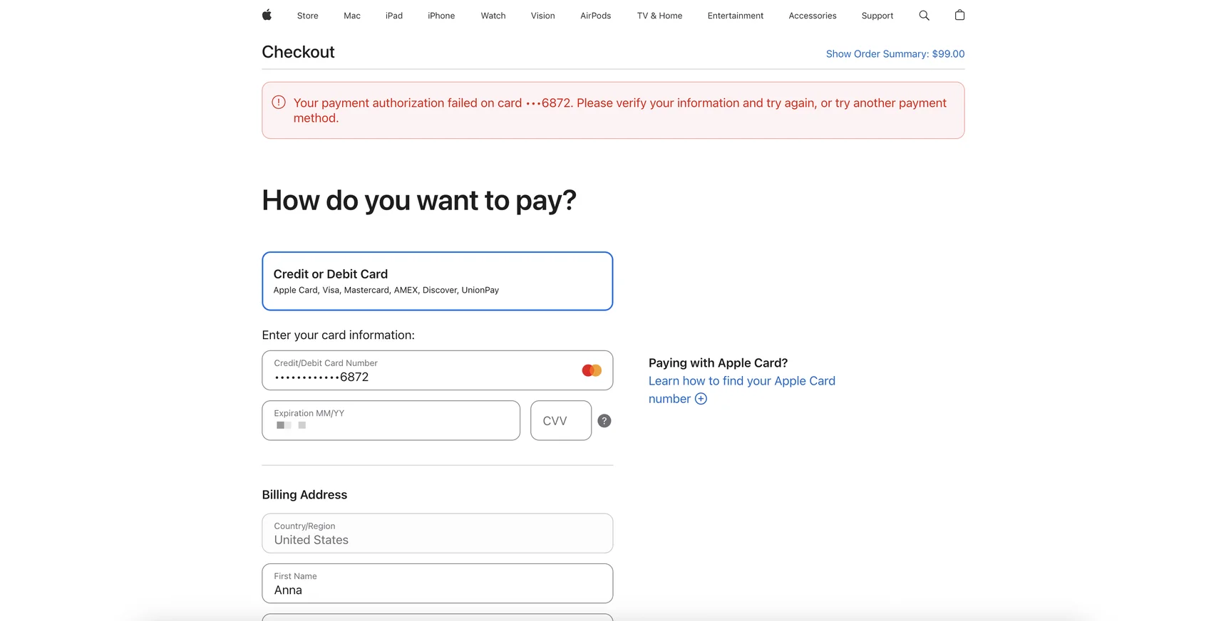 Apple Store Checkout — Payment Authorization Failed error message