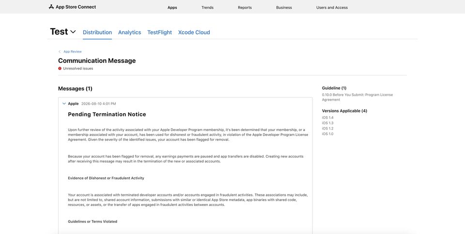 Pending Termination Notice in App Store Connect — App Review message flagging the account for removal