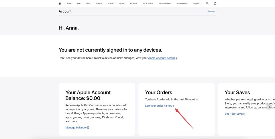 Apple Store Account — See your order history link