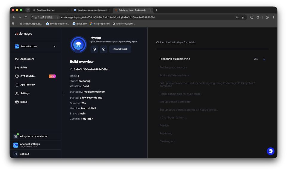 Запуск сборки через Codemagic — шаг 3