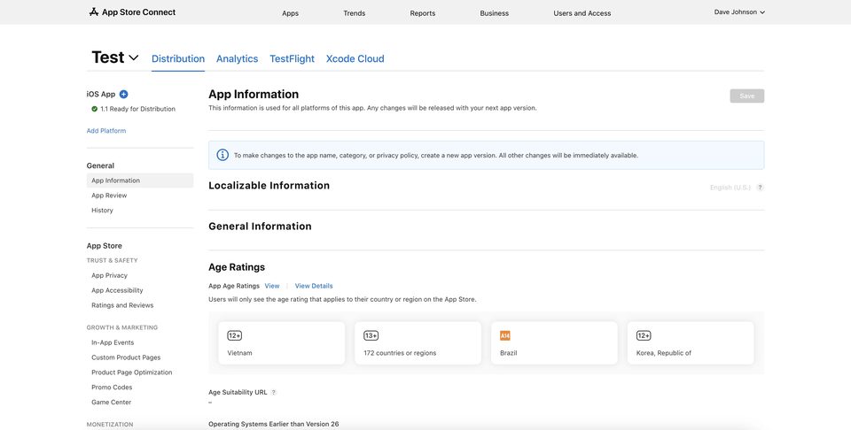 Розділ App Information в App Store Connect