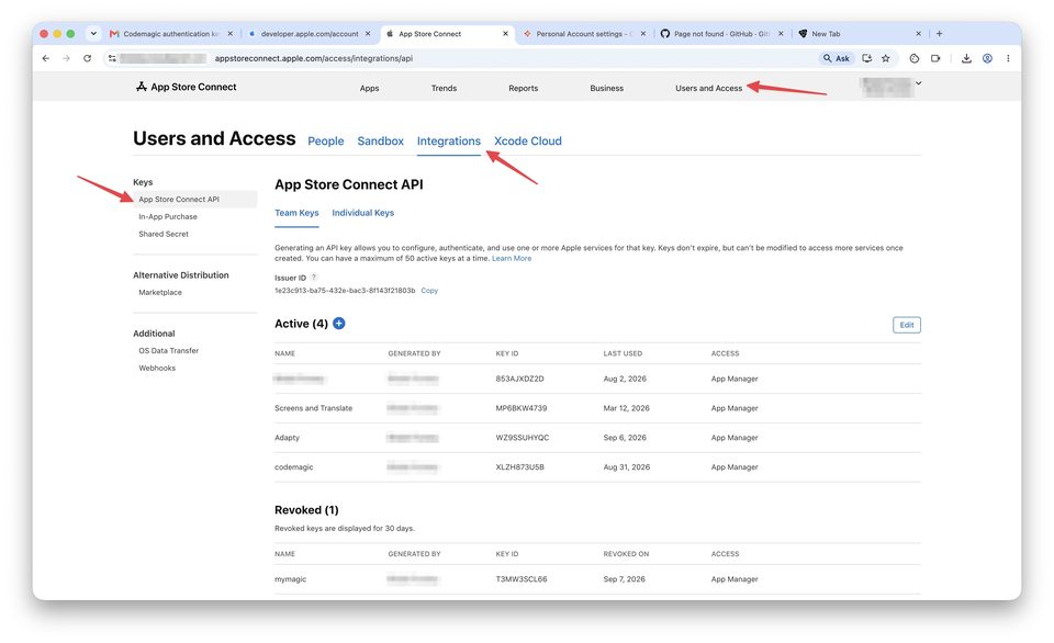 Создание App Store Connect API key — шаг 1
