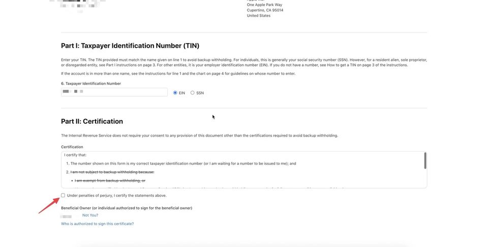 U.S. Form W-9 — подтверждение Certification