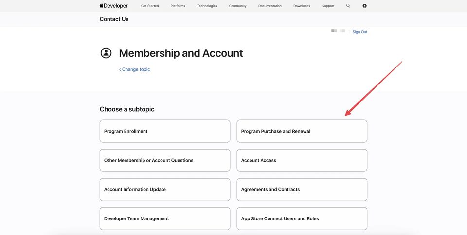 Apple Developer Contact Us — Membership and Account subtopics