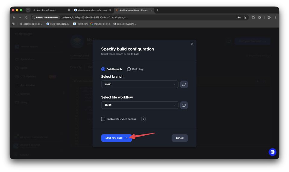Запуск сборки через Codemagic — шаг 2