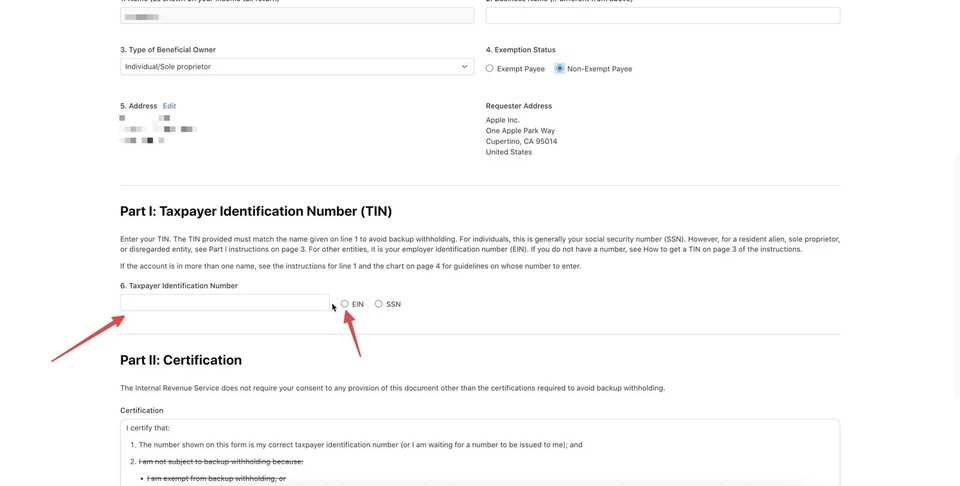 U.S. Form W-9 — ввод TIN и выбор EIN