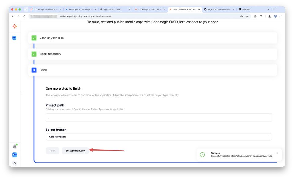 Регистрация в Codemagic и подключение GitHub-репозитория — шаг 6