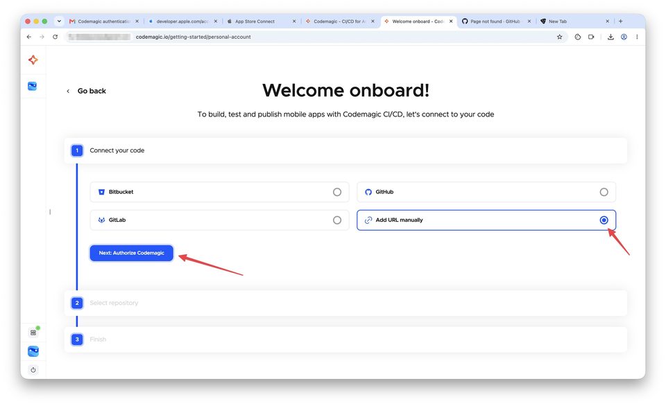 Регистрация в Codemagic и подключение GitHub-репозитория — шаг 4