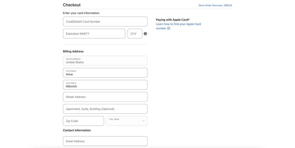 Apple Store Checkout — enter card information and billing address