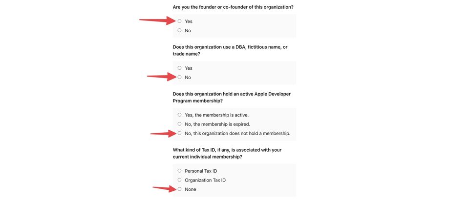 Organization structure questions in the Apple Developer form — SmartShop