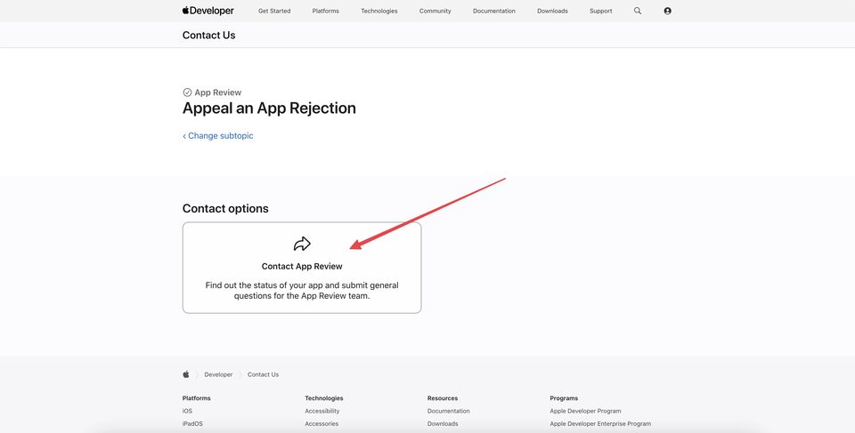 Contact App Review button for opening the Apple Developer Account appeal form