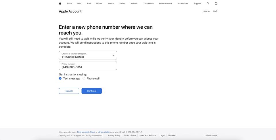 Екран Enter a new phone number — введення нового контактного номера для отримання інструкцій Apple щодо відновлення