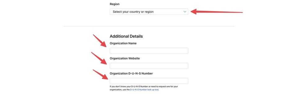 Individual to Organization form: Region, Organization Name, Website and D-U-N-S Number fields — SmartShop