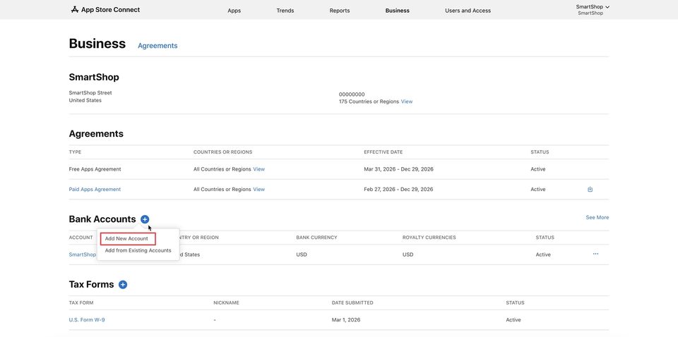 App Store Connect — вибір пункту Add New Account