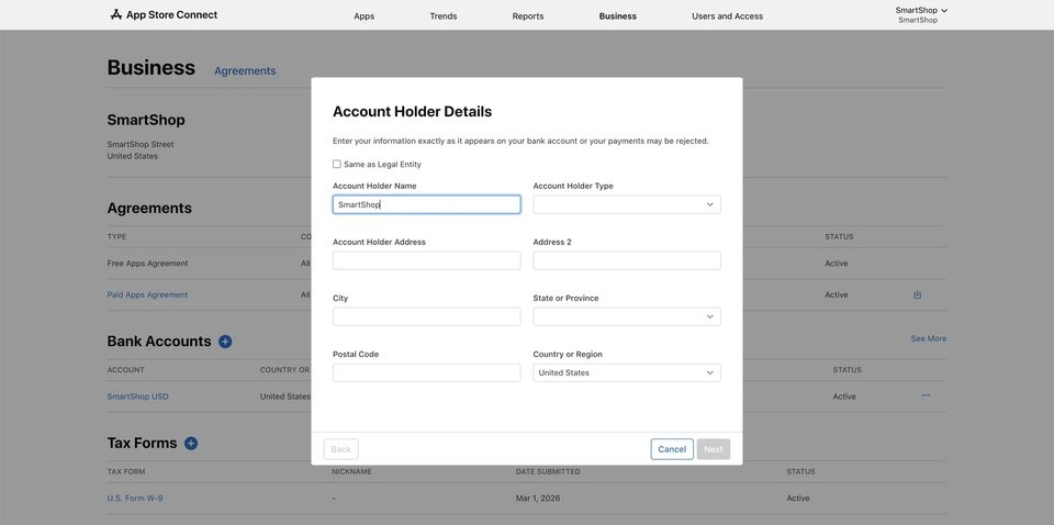 App Store Connect — форма Account Holder Details