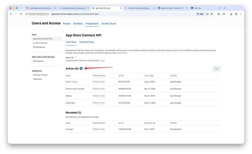 Создание App Store Connect API key — шаг 2