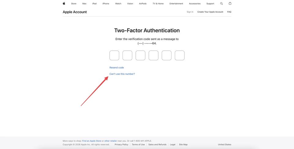 Екран Two-Factor Authentication — посилання «Can't use this number?» для запуску відновлення Apple Developer акаунта