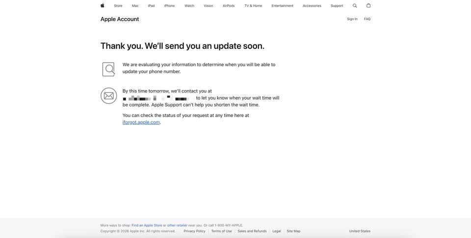 Екран Thank you. We'll send you an update soon — підтвердження успішної подачі заявки на Apple Account Recovery