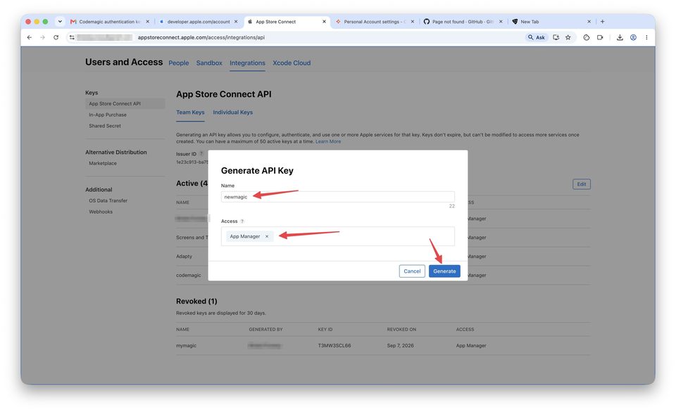Создание App Store Connect API key — шаг 3