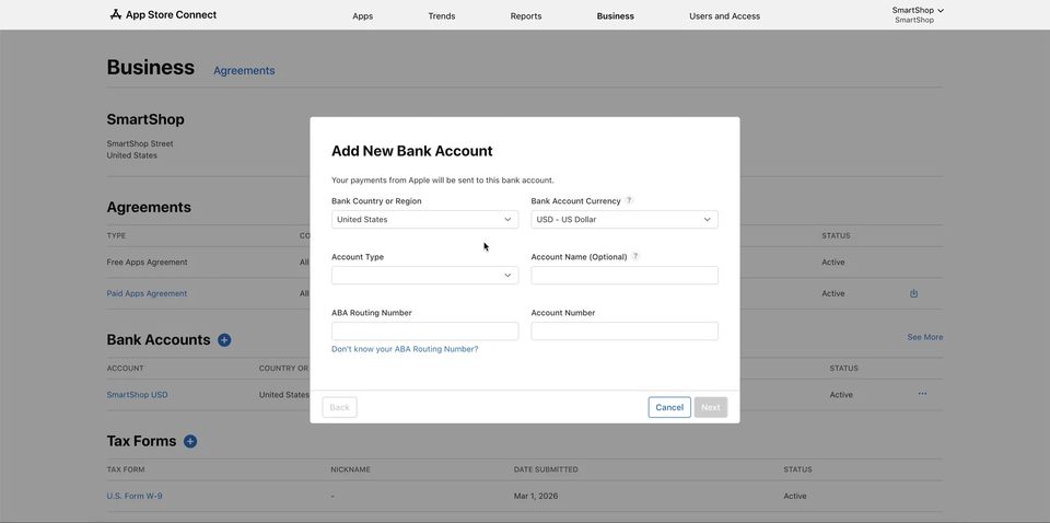 App Store Connect — форма з валютою, типом рахунку, ABA Routing Number та Account Number