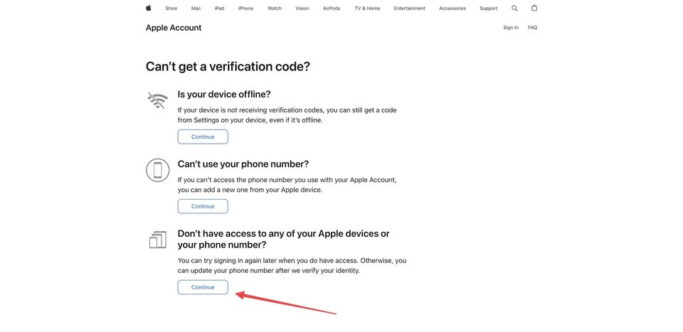 Екран Can't get a verification code — вибір варіанта без доступу до пристроїв і номера телефону