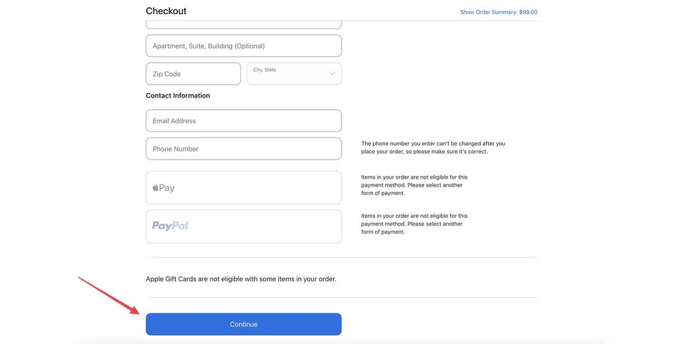 Apple Store Checkout — Continue button after entering card details