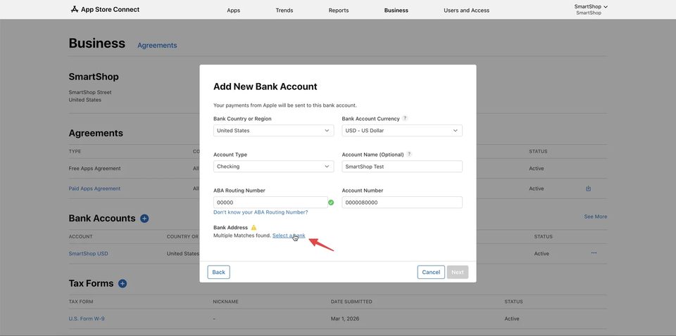 App Store Connect — повідомлення Multiple Matches Found і посилання Select a bank