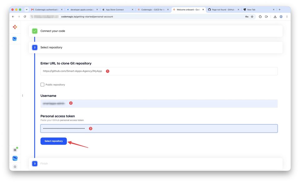 Регистрация в Codemagic и подключение GitHub-репозитория — шаг 5