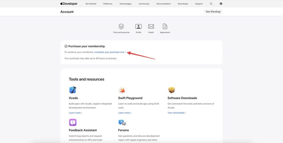 Apple Developer Account — Complete your purchase now link