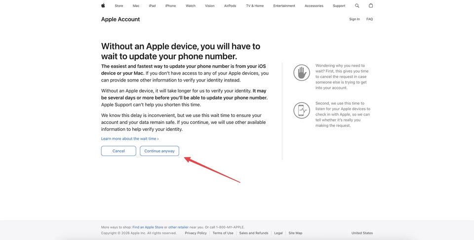 Екран попередження без Apple-пристрою — кнопка Continue anyway для запуску Account Recovery