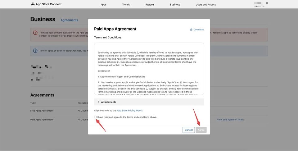 App Store Connect — подтверждение Paid Apps Agreement