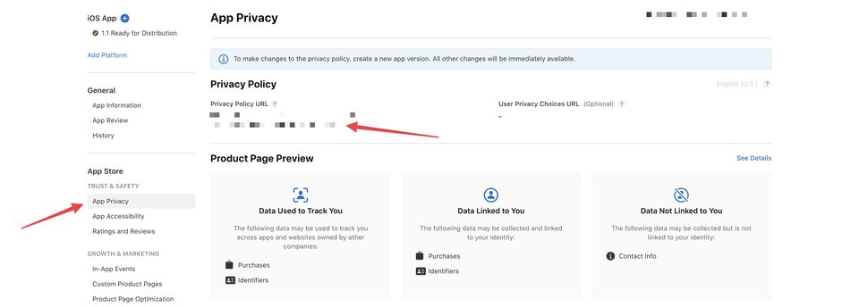 Розділ App Privacy в App Store Connect — де знайти Privacy Policy URL